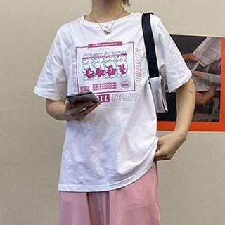 Short-sleeve Graphic Print T-shirt / Cropped Harem Sweatpants