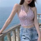 Halter-neck Leopard Print Cropped Top Pink - One Size