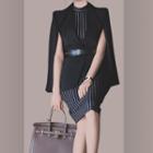 V-neck Cape Jacket / Sleeveless Striped Sheath Dress / Set