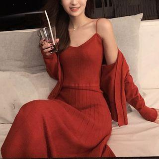 Set: Strappy Midi Knit Dress + Cardigan