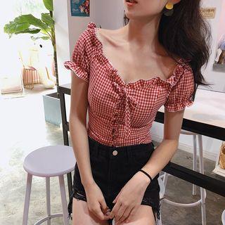 Gingham Off-shoulder Lace-up Top