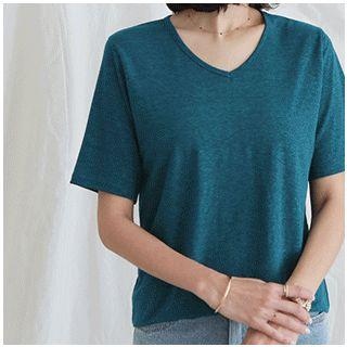 Short-sleeve V-neck Linen Blend T-shirt