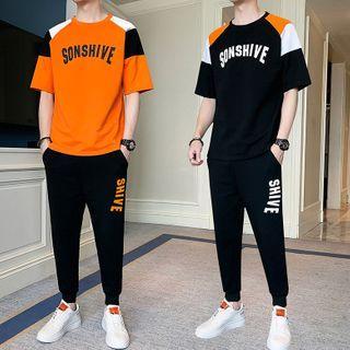 Set: Lettering Color Panel Short-sleeve Sports T-shirt + Sweatpants