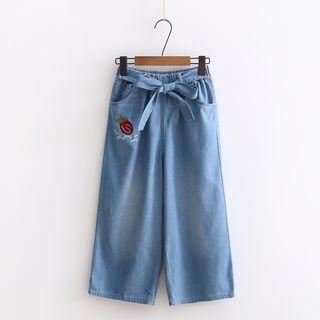 Strawberry Embroidered Capri Wide-leg Jeans