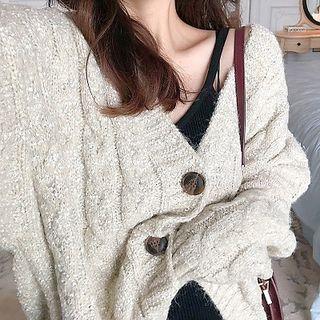 Plain Single-breasted Long-sleeve Cable-knit Cardigan
