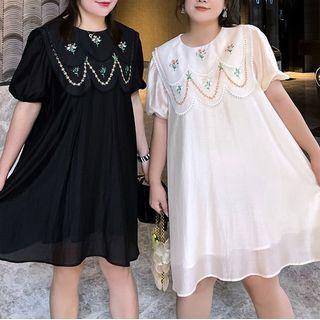 Short-sleeve Floral Embroidered A-line Dress / Tunic