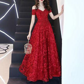 Short-sleeve Off-shoulder Lace A-line Evening Gown