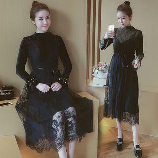 Set: Long-sleeve Beaded Dress + Sleeveless Spaghetti-strap Lace Dress