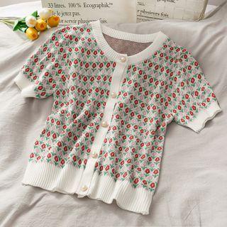 Pearl-button Floral Light Knit Top White - One Size