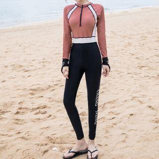 Set: Long-sleeve Contrast Trim Rashguard + Lettering Swim Pants
