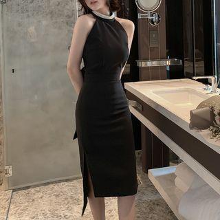 Embellished Open Back Halter Sheath Dress