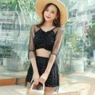 Set: Sequined Flared-sleeve Tankini Top + Swim Skirt