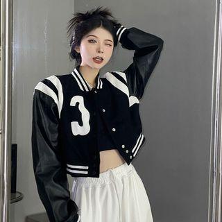 Faux Leather Panel Lettering Baseball Jacket Black - One Size