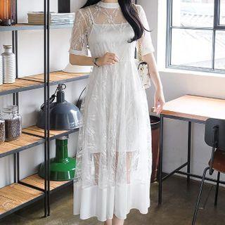Set: Elbow-sleeve Lace Midi A-line Dress + Slipdress