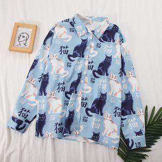 Cat Print Long-sleeve Shirt Shirt - Blue - One Size
