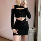 Long-sleeve Cold-shoulder Lace-up Crop Top / Mini Pencil Skirt