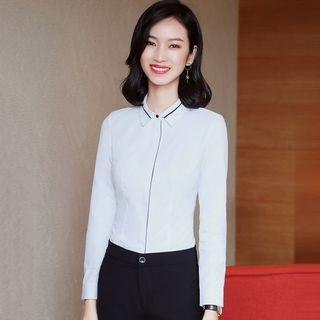 Long-sleeve Contrast Trim Dress Shirt / Dress Pants / Set