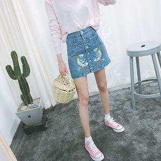Button-detail Embroidered-detail Denim Skirt