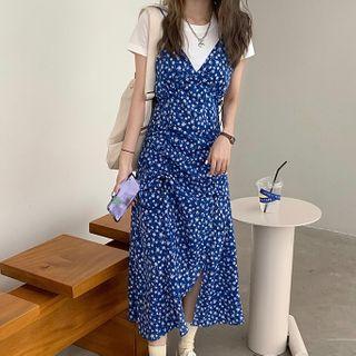 Short-sleeve Plain T-shirt / Spaghetti Strap Floral Print A-line Midi Dress