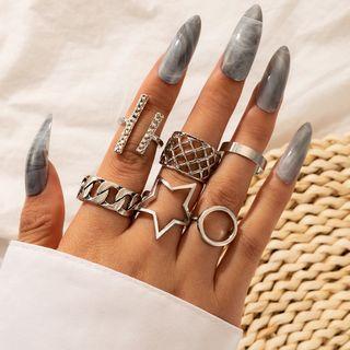 Set Of 6: Alloy Ring (assorted Designs) 16911 - 6 Pcs - Silver - One Size