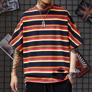 Striped Distressed Elbow-sleeve T-shirt