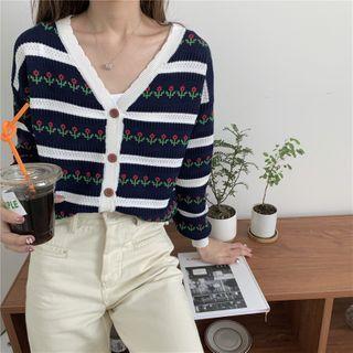 V-neck Flower Printeded Knitted Cardigan Dark Blue - One Size
