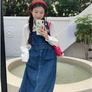 Long-sleeve Plain Loose-fit Shirt / Denim Overall Dress