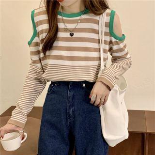 Long-sleeve Off-shoulder Stripe Loose Fit Knit Top