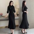 Bow Long-sleeve Sheath Midi Dress