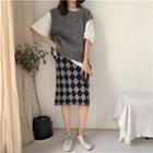 Midi Argyle Knit Skirt / Knit Vest / Short-sleeve T-shirt