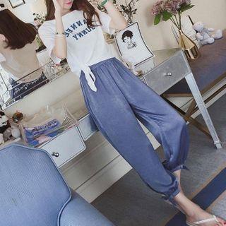 Set: Lettering Short-sleeve Tie-hem Cropped T-shirt + Sweatpants