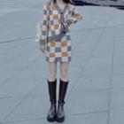 Long-sleeve Plaid Knit Cardigan / Plaid Knit Mini Skirt