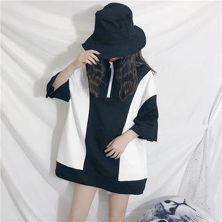 3/4-sleeve Color Block Stand Collar Zip T-shirt