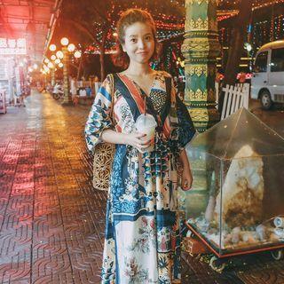 Short-sleeve Print Panel Midi A-line Dress As Shown In Figure - One Size