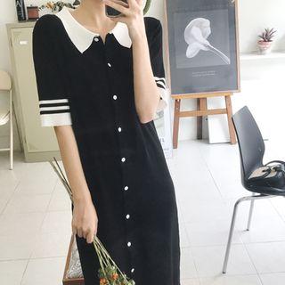 Contrast-trim Buttoned Knit Shirtdress Black - One Size
