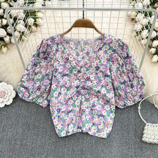 Puff Sleeve Ruched Floral Blouse