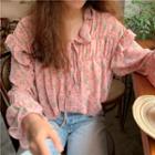 Floral Bell-sleeve Loose-fit Blouse Pink - One Size