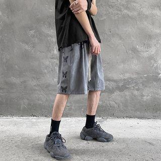 Drawstring-waist Butterfly Print Wide-leg Shorts