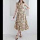 Sleeveless Polka-dot Dress With Belt Beige - One Size