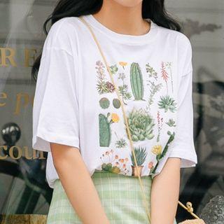 Cactus Print Short-sleeve T-shirt White - One Size