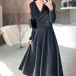 Long-sleeve Silky A-line Dress