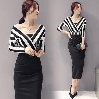 Long-sleeve V-neck Striped Panel Sheath Midi Dress
