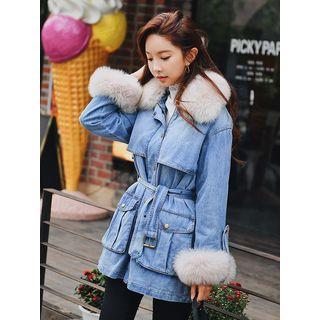 Furry Trim Denim Padded Coat