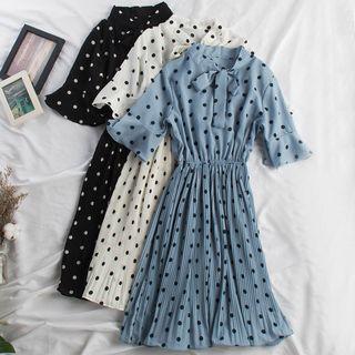 Polka Dot Short-sleeve Tie-neck A-line Dress