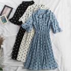 Polka Dot Short-sleeve Tie-neck A-line Dress