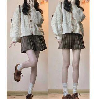 Toggle Cable Knit Cardigan / Plaid Accordion Pleat Mini A-line Skirt / Set