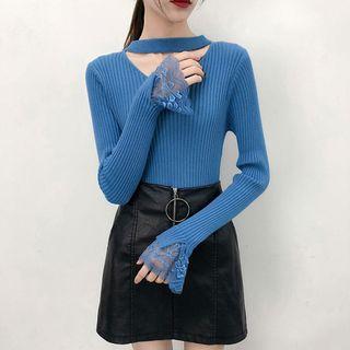Lace Trim Cut-out Long-sleeve Knit Top