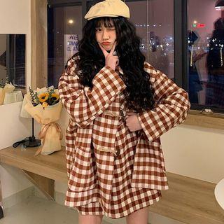 Plaid Toggle Coat / Mini A-line Skirt