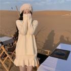 Set: Cable Knit Sweater + Ruffle Trim Pencil Skirt Set Of 2 - Sweater & Skirt - White - One Size