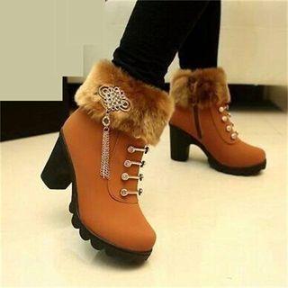 Furry-trim Block-heel Short Boots